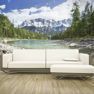 Wartebereich - Wohnzimmer mit Fototapete Berglandschaft