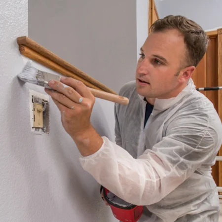 Professionelle Malerarbeiten, Anstreicher, Wand Malerei mit Pinsel drinnen im Zimmer des Hauses