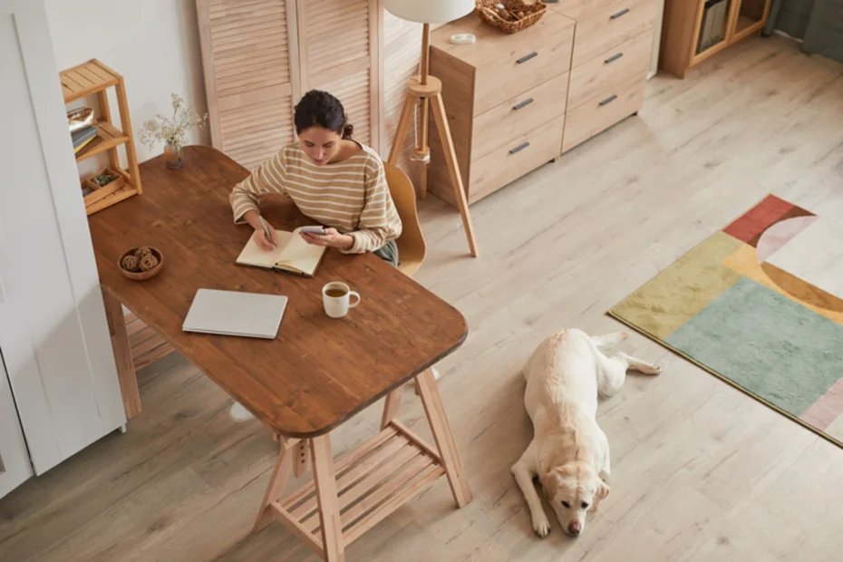 Junge Frau arbeitet im gemütlichen Home Office mit Hund, der auf dem Parkettboden liegt - Junge Frau arbeitet im gemütlichen Home Office mit Hund, der auf dem Parkettboden liegt