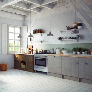 Küche Lehmputz - Vintage Küche im Bauernhaus, gestrichen mit schlichten Naturfarben.