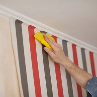 Saugverhalten - Handwerker, der Tapeten an die Wand klebt und Luftblasen ausstreicht.
